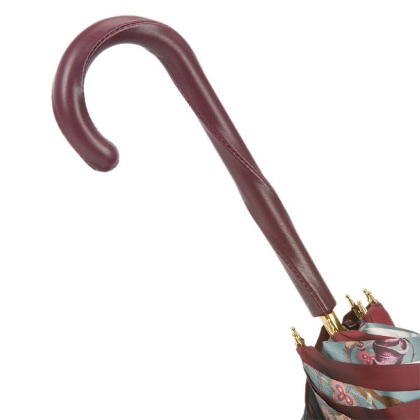 Pasotti Classic Burgundy moteriškas prabangus skėtis dvigubu audiniu ir oda aptraukta rankena