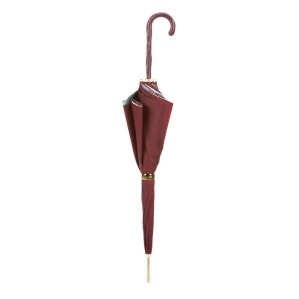 Pasotti Classic Burgundy moteriškas prabangus skėtis dvigubu audiniu ir oda aptraukta rankena